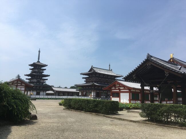 3日目は薬師寺、唐招提寺、東大寺、と奈良旅行の定番コースを巡りました。<br />ホテルには16時前と早めに到着したのでホテルに隣接する旧大乗院庭園をさくっと散策して、夕食まで休憩。 <br />夕食は久しぶりに口休めのソルベまで出るフルコースをいただきました。<br /><br />8/3(月)東京発 新大阪着 1:00現地集合後ツアー開始 古墳群遊覧飛行 橿原今井町 ザ・橿原泊<br />8/4(火)橿原神宮 神武天皇稜 藤原宮 大神神社 石舞台古墳 キトラ古墳四神館 飛鳥寺 <br />8/5(水)薬師寺 唐招提寺 東大寺 旧大乗院庭園 奈良ホテル泊<br />8/6(木)飛火野での鹿寄せ 鹿苑 春日大社 15:25 関西空港発ANA992 16:30 羽田着