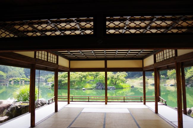 栗林公園でオニバスの花が咲いているとの情報があり、買い物もあったので午前中の少しでも涼しいうちにと見に行ってきました。<br /><br />17世紀後半に建てられたという「掬月亭」は、「水を掬（すく）えば月が手にある」という中国唐代の詩の一節から名付けられました。<br />園内のどこからでも出入りができるよう、四方に正面がある数寄屋造りの建物で、その名の由来の通り低く抑えられた床に座ると、まるで船上から手を伸ばして湖面に触れることができるかのような雰囲気があります。　<br /><br />　　　　　　　　　　　　　　　　　　　　　　栗林公園ＨＰより<br />