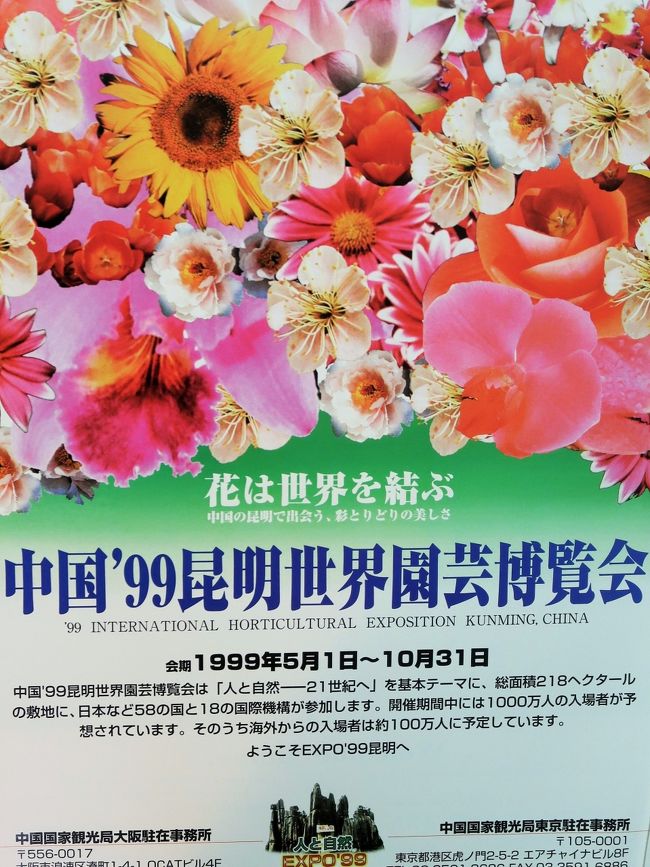 昆明世界園芸博覧会（英：Expo&#39;99 Kunming, China, 中：昆明世界园?博?会）は、1999年5月1日から10月30日まで中華人民共和国の昆明で開催された国際園芸博覧会であり、博覧会国際事務局から認定された国際博覧会（特別博）である。<br />テーマは「人間と自然 - 21世紀に向けて」。 95ヶ国・機関が参加し、会期中950万人が来場した。<br />（フリー百科事典『ウィキペディア（Wikipedia）』より引用）<br />国際園芸博覧会とはオランダのハーグ市にある国際園芸家協会（AIPH）に認定された国際的な博覧会である。国際的なレベルで園芸生産者の利益を図り、園芸技術の向上を図るために開かれる博覧会である｡種別として、各国代表の参加による国際的園芸博覧会（A類）と国際性のある国内園芸博覧会（B類）がある。 <br />国際園芸博覧会（A類）<br />A1認定=大規模国際園芸博覧会 年に1回まで開催可<br />園芸に係る全ての範囲を対象とする必要　最低50haの規模<br />最低10カ国代表の参加<br />A2認定=小規模国際園芸博覧会 <br />会期は1週間以上3週間以内　最低6カ国代表の参加<br /><br />1948年、ヨーロッパの園芸家たちが国際園芸家協会（AIPH）を設立し、初めての国際博覧会を1960年、オランダのロッテルダムで開催。以後ヨーロッパ各地で定期的に開催され、アジアでは1990年の大阪の「国際花と緑の博覧会」が最初で、以後フィリピン、1999年に中国の昆明（昆明世界園芸博覧会）、2000年に兵庫県淡路島（淡路花博）、2002年に韓国の安眠島、2004年に静岡県浜名湖畔（浜名湖花博）、2006年に中国の瀋陽（瀋陽世博会）とシンガポール、2006 - 2007年にタイのチエンマイ（チェンマイ国際園芸博覧会）、2010 - 2011年に台湾（台北国際花の博覧会）、2013年に韓国の順天（順天湾国際庭園博覧会）で開催された。 <br />（フリー百科事典『ウィキペディア（Wikipedia）』より引用）<br /><br />雲南省（中国語：云南省）は、中華人民共和国西南部に位置する省。略称は雲、または滇（てん）。省都は昆明市。省名は雲嶺（四川省との境の山地）の南にあることに由来する。 <br />清代に雲南省が成立した。明代以後、漢民族が大量に流入して多数を占めるようになり、漢民族の地になった。 <br />雲南省とは複数の航空会社が運航する航空路線で結ばれており、昆明市の昆明長水国際空港から日本の三大都市圏（東京・大阪・名古屋）の国際空港との間で定期国際便が運航されている。<br /><br />雲南省の観光　については・・<br />https://www.jtb.co.jp/med/feature/china/yunnan/<br />http://www.cnta-osaka.jp/city/yunnan<br />https://www.hankyu-travel.com/guide/china/lijiang.php