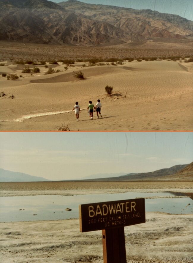 デスヴァレーの砂漠とバッド・ウォーター　1982.9.5（昭和57年）<br />BADWATER<br />280 FEET BELOW SEA LEVEL  <br />85 METERS<br />───────────────────────────<br />はじめに<br />私が写真を撮り始めたのは高校3年のころ（1961年頃）で、高校時代のアルバムを元にまとめたのが下記である。<br />アーカイブ「高校生活３年間の思い出・記録」ARCHIVE：School life of Urawa High School in early sixties（2011年7月公開）<br />https://4travel.jp/travelogue/10583150<br />最も古い記録は高校3年秋の関西地方への修学旅行。<br />大学時代はオーケストラに所属していたため、いろいろな活動の記録がある。（昭和の記録No.3,No.4公開済み）<br />また将来はエンジニアを目指して理工系の大学に入り、モータースポーツに強い関心を抱き、各地のレースを見に行って流し撮りのテクニックを身に付けたりもした。<br /><br />モノクロ（白黒）フィルムは1971年まで使用し、それまでの10年間に撮った写真のネガフィルムはほとんどすべて保管しており、121本（約4200画像）になる。<br />しかし古いものはフィルムの材料である酢酸セルロースの経年劣化（加水分解）で損傷がひどく、変形や黒点発生で画像の復元が困難なものがある。<br />平均余命まで10年（平均寿命81.41歳までは5年）を切り、遺品の整理が簡単に済むようにと思い、2019年7月までに全てのモノクロのネガフィルムをスキャナーEPSON GT-F740で電子データ化した。<br />現代用語：終活（笑い）<br />　　───────────────────────────<br />昭和の記録公開について<br />令和2年になり、新型コロナウィルスの世界的大流行に伴って海外旅行のみならず旅行が難しい状況が続く。とりわけ東京都内への外出自粛を余儀なくされている現状に鑑み、昨年デジタルデータ化したモノクロ写真を元に旅行記に編集して公開することを思いついた。<br />1968年の九州一周卒業旅行を公開した例はあるが、それ以来の作業になる。<br />写真の説明資料はほとんど残っておらず、読者に興味を持って見てもらえる作品になるか予想はできないので、とりあえず試しにスタートしてみることにした。(2020年７月）<br />公開が主な目的ではなく、遺品として廃棄される前に、私自身だけではなく、共に昭和を過ごしてきた人々の記録をこの世に残しておきたいという願望が先に立つ。<br />もう一つの狙いは「写真を主体にした自分史」をウェブサイトに残すことである。<br />ここまではシリーズ共通の前文とする。<br />シリーズ昭和の記録 百選　総集編<br />https://4travel.jp/travelogue/11651747<br />　───────────────────────────<br />シリーズ昭和の記録No.18酷暑のデスヴァレー　53℃の体験<br /><br />今回No.18は先日アメリカのデスヴァレーで最高気温54.4℃（130°F）記録したというニュースがあったので、今から38年前の1982年9月にデスヴァレーで53℃を体験した、新型車の酷暑テストに参加したときの写真を紹介する。<br /><br />新型車の開発において自動車のさまざまな機能、すなわちエンジン、トランスミッション、操舵系統、ブレーキ、空調（エアコン）などの高温時の機能・性能を確認し、必要な対策を講じることは必須である。<br />地球上で自動車が実際に使用される地域の中で最も気温が高いのがカルフォルニア州デスヴァレーであり、当時は多くの国の自動車メーカーがデスヴァレーで酷暑テストを行う状況であった。現在は極低温から酷暑までに対応した全天候型の恒温室（環境試験室－40～＋80℃など）で実車テストを行える。<br />デスヴァレーが選ばれた理由は他にもあり、新型車を幌で覆った覆面車ではなく、素顔で走らせても機密保持がしやすいことも大きな理由であった。<br />デスヴァレーは避寒地として冬場は観光客が多いが、40℃を超える猛暑が続く夏場には一般の車を見かけることはほとんどなく、たまに出会うのは他のメーカーのテスト車である。<br /><br />当時の酷暑テストの日程は9月初めから9日間、デスヴァレー中央部のストーヴパイプ・ウェルズStovepipe Wellsの、夏は通常営業していないモーテルを基地として滞在した。<br />Stovepipe Wellsにはレストランがないため、一日のテストを終えると機密テスト車をコンテナトラックに格納を済ませ、約40キロ（25マイル）離れたオアシスの町ファーネス・クリークFurnace Creekまで夕食を食べに往復した。<br />夕食後は翌日の朝と昼の食料、飲料（350cc缶1人3本）、氷などを購入して宿へ戻った。<br />上記の地名もいかにも暑い様子を表している。<br />Stovepipe Wells　ストーブの煙突のような井戸<br />Furnace Creek 　加熱炉・溶鉱炉のような小川<br /><br />酷暑テストの内容は記載できないので、いくつかの体験をまとめて紹介する。<br /><br />1.　クルーズ・コントロール<br />アクセル操作をしなくても一定速度で走行できるシステムであるが、ハイウェイを55マイルとかに設定しておくとドライバーはハンドル操作以外にすることがなく、居眠り運転に陥る危険がある。<br />ロスアンゼルスからデスヴァレーに向かうフリーウェイで連絡車のBMW535を運転したとき、昼食に駐在員に奨められて初めてのタコスを食べた後に睡魔に襲われ、同乗の駐在員にクルーズ・コントロールを解除するよう指示された。<br />ロスからデスヴァレーまで約300マイル（480キロ）を交代で運転しながら無事にテストチームに合流できた。<br /><br />2.　氷が解けて水にならない。<br />1日一人3本の炭酸飲料(Mountain Dewなど)がなくなり、クーラーボックスの氷を紙コップに入れて解けたら飲もうとしばらく放置すると、コップには何も残っていない。高温で乾燥しているため氷は解けずに昇華してしまったのである。<br />暑くても汗をかいた感触はなく、日中トイレに行った記憶がない。<br /><br />3.　デジタル温度計（サーミスタ式）の先を指で挟むと温度の数値がどんどん下がる。<br />40℃以上の気温では体温のほうが低いのだ。<br />日常生活では経験できない貴重な体験だった。<br /><br />4.　滞在中に測定した最高気温は53℃であった。<br />デスヴァレー内はファーネス・クリークなどのオアシス以外には樹木がないので日中はどこも炎天下であり、風が吹くと熱風になる。観測用に持ち歩くサーミスタ温度計が熱風を受けて53℃を表示したときはさすがに驚いた。熱処理工場の加熱炉や熱間鍛造機の前にいるよりも暑く、何分もいたら身の危険を感じる暑さだった。<br /><br />国内で猛暑日が続く中、驚異的な暑さを観測したアメリカ・カリフォルニア州のデスヴァレーに注目が集まっている。8月16日には「54.4度」を記録した。正式に確定すれば、世界で3番目に高い気温になるという。<br />出典：https://www.huffingtonpost.jp/entry/story_jp_5f3b2021c5b6e054c3fdcac1<br /><br />5.　一本道（写真掲載）<br />テスト基地のストーブパイプウェルズからエアコンのコンプレッサー用のＶベルトを購入するために34マイル（55キロ）離れたネバダ州のビーティBeattyまで2往復したことがある。ビーティはデスヴァレーの谷を囲む山並みの中にある町（標高1008ｍ）で、途中から町までの道路は約20Ｋｍの直線路で、対向車もない一本道を一人で走るのは昼間でも心細かった。デスヴァレー内の場所によっては「次のサービス（ステーション）まで57マイル　NEXT SERVICES 57 MILES」の標識があり、車が故障したら直ちに身の危険を感じる。<br /><br />6.　オニオンソテー<br />夕食は毎晩同じレストランで、メインはいくつか選べたが、付け合せ（前菜）は毎日同じ煮豆（カウボーイの主食）だった。1週間経ってさすがに飽きたので、仕事で滞在している事情を話し、「何か他にできないの、たとえばオニオンソテーとか」と言ったら早速オニオンソテーを作ってきてくれた。その美味しさには言葉にできないほど感動した。<br />それ以来、私にとってのオニオンソテー（たまねぎを薄く輪切りにして炒めただけのもの）は格別な料理となった。<br /><br />7.　天の川<br />夕食から帰って車から降りて空を見上げると、うっすらと雲がかかったように見えた。<br />目を凝らしてよく見ると雲ではなく天の川で、その広がりは川のような狭いイメージとはかけ離れ、星雲と呼びたいほどだった。子供のころに農家の実家の広い庭で見たり、スキー場の夜空で見て以来の天の川に感動した一瞬である。<br />水蒸気も周囲の光もまったくない世界は星を見るには最高だった。<br /><br />8.　ガラガラ蛇<br />デスヴァレー内には砂漠があり、休日の午前中に猛暑になる前に見学に行った。<br />砂山の形は風によって頻繁に変わるらしいが、うわさのとおりガラガラ蛇の蛇紋（写真掲載）が砂に印されていた。蛇は見ていないが数メートルもありそうな大きさを想像した。<br /><br />9.　バッドウォーター（写真掲載）<br />デスヴァレーのほぼ中心に近い場所にある標高がマイナス86ｍの窪地で、溜まった水の塩分濃度が高く飲めないためバッドウォーター（悪い水）と呼ばれる。<br />大雨が降ると周囲から水が集まり湖ができるが、普段は干上がって塩と泥が混じった独特の荒涼とした光景が見られる。<br /><br />死の谷・デスヴァレーはここが驚異的！<br />https://welove.expedia.co.jp/destination/usa/18033/<br /><br />10.　デスヴァレー城（スコッティズキャッスル）（写真掲載）　　　　<br />砂漠の中に突如現れる豪華な城で、1920年代にシカゴの保険会社重役アルバート・ジョンソンによって建てられた。ジョンソンと妻ベッシーの別荘であったが、主に住んでいたのはウォルター・スコットで、スコットは金探鉱者でカウボーイでもある。<br /><br />11.　ストーブパイプ・ウェルズのモーテル<br />酷暑テストの基地としたモーテルと道路を挟んで向かいにある雑貨屋general storeは現在も存在する当地で唯一の施設で、現在はデスヴァレーホテルと呼ばれる。<br />Death Valley Hotels<br />https://deathvalleyhotels.com/<br />グーグルのストリートビューで確認できる。<br />https://www.google.co.jp/maps/@36.6064776,-117.1468117,3a,83.5y,102.35h,76.75t/data=!3m7!1e1!3m5!1s9jOsyZb0glqbIsbPtbETnw!2e0!6s%2F%2Fgeo2.ggpht.com%2Fcbk%3Fpanoid%3D9jOsyZb0glqbIsbPtbETnw%26output%3Dthumbnail%26cb_client%3Dmaps_sv.tactile.gps%26thumb%3D2%26w%3D203%26h%3D100%26yaw%3D95.54544%26pitch%3D0%26thumbfov%3D100!7i13312!8i6656<br /><br />撮影・編集　<br />CANON AE-1 PROGRAM  FD 35-70mm F3.5-4.5.<br />フィルム　SAKURACOLOR Ⅱ FILM<br />               KODAK SAFETY FILM 5035<br /><br />掲載画像はアルバムの写真をEPSON GT-F740でスキャンしたもので、画像データの大きさは約3000×2100です。<br />カラーのネガフィルムも保存しているが、ほとんど劣化していないプリント写真をスキャンしたほうがきれいな画像が得られるのでそうしました。<br />モノクロネガフィルムの編集が終わったら、カラー「昭和の記録」の編集に取り掛かる予定です。生きていればですね（笑い）<br />───────────────────────────　　<br />編集者自己紹介(シリーズ共通）<br />https://cdn.4travel.jp/img/tcs/t/pict/src/19/67/06/src_19670641.jpg?1420067275<br />https://cdn.4travel.jp/img/tcs/t/pict/src/22/38/50/src_22385032.jpg?1388882024 浦和高校同窓会　遺影用Yei !<br />シニア写真愛好家のyamada423です。<br />一眼レフの経歴はPENTAX、CANON FT、CANON AE-1P、CONTAX RX、EOS40D、EOS80Dなど50年以上です。<br /><br />＜略歴＞　　<br />大岡山の工学部の研究室では金属組織などの顕微鏡写真の処理は現像液の調合からガラス乾板・フィルムの現像、印画紙焼付けなどすべて自前で行っていたので、写真の処理技術は一通り身につけていました。<br />写真を撮ることについても風景写真のみならず、当時人気の高かったカーレース（日本グランプリ、CAN-AMなど）に出かけ、200ミリの望遠レンズで高速の被写体を流し撮りするのが好きでした。日本グランプリなど、レースの特集は9月中にはイベント毎に編集して投稿する予定です。<br />月額1～1万3千円の奨学金の大半はカメラや写真、旅行などに消えてしまいましたが、今の自分を育ててくれた大変ありがたい資金でありました。きちんと返済しました。<br />1980年頃から欧米主要国の自動車および自動車部品関連企業、研究機関への出張を繰り返し、その間仕事の合間を利用して撮影を続けました。1997年に財団法人へ出向を機会に出張がなくなり、個人旅行のみとなりました。<br />自動車会社の研究所（29年）と特許庁関連の財団法人工業所有権協力センター（IPCC)で11年、計40年勤務し、2008年3月退職<br />４トラベル会員登録　2010年5月21日<br /><br />ホームページ（長期休眠中）自己紹介、随想「設計技術者の心」など掲載。<br />http://www7b.biglobe.ne.jp/~yamada423/<br />素顔の本田宗一郎と社員たち/3代社長の3ショット （永久保存版）<br />https://4travel.jp/travelogue/10484193<br /><br />おねがい<br />50年以上前の写真ですが、なにかお気づきの情報がありましたら掲示板等でお知らせいただければ嬉しいです。<br /><br />yamada423<br /><br />投稿2020.9.6　　20：00