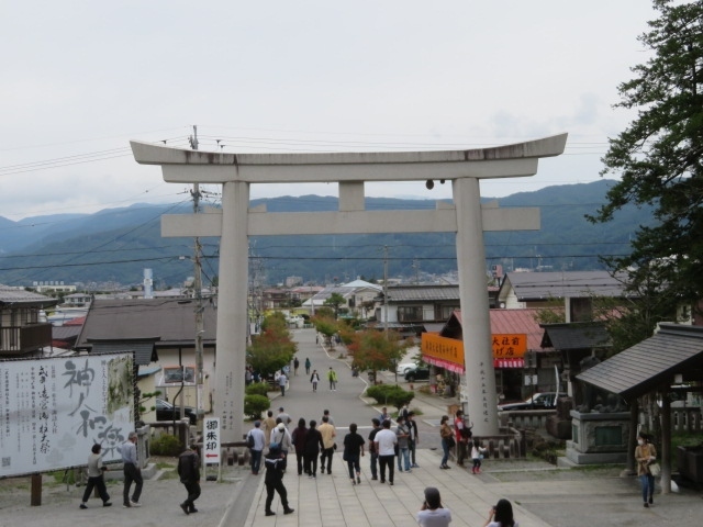 信州諏訪にある「諏訪大社」に行きました、日本最古の神社といわれ全国に一万社ある諏訪神社の総本社として多くの参拝者でいつも賑わっています、中央道諏訪インターより最初に諏訪市博物館前にある上社本宮に行きました、駐車場からお土産屋が並ぶ参道を歩いて広い境内に入りました、連休の日曜日でしたので多くの参拝者が来ていました、上社本宮を参拝・散策した後は隣接している法華寺を見てからちょっと移動して上社前宮に、駐車場から参道を歩いて本殿に帰りに参道にある交流センターに立ち寄って移動しました。<br /><br />上社前宮を出た後は諏訪湖の湖畔を走って下諏訪市街へ、街中にある諏訪大社下社秋宮の駐車場へ、広い境内の散策と参拝をしました、参拝後は山猫亭で食事と新鶴本店で塩羊羹を買いました、ちょっと移動して下社春宮に移動、駐車場が混んでいて入れなかったので私は車内で待機、同行者は参拝、その後は宿泊する蓼科温泉郷に向かいました。