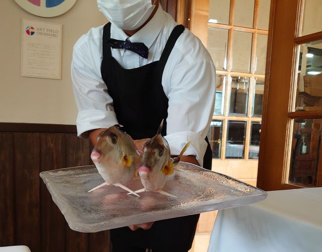 千葉県で生まれ育って、その後は東京で学生生活を送り就職、<br />その後千葉市に移り仕事をし結婚、人生のほとんどは千葉県内に<br />留まっていたmistralですが、<br />穏やかな気候に恵まれ、近年までは大きな災害もなく過ごして<br />きました。<br />最近の気候の大きな変動による災禍にはただただ驚くばかりです。<br /><br />特別の特徴も見受けられないような、千葉県の大地、海が<br />これほど豊かな食材を生み出していたという事を<br />今回「ウシマル」という名前のレストランでの食事から<br />再発見をしました。<br /><br />コロナ禍で揺れ続ける日々<br />美味しい食事をいただきに、ちょっと足を伸ばしませんか?との<br />お誘いに、あっという間に7名の参加者が集まり<br />千葉駅から車2台で出発しました。<br /><br />(表紙写真は、泳ぐ姿になって運ばれてきたギマくん。<br />お腹にある棘を使って上手く立っている。)