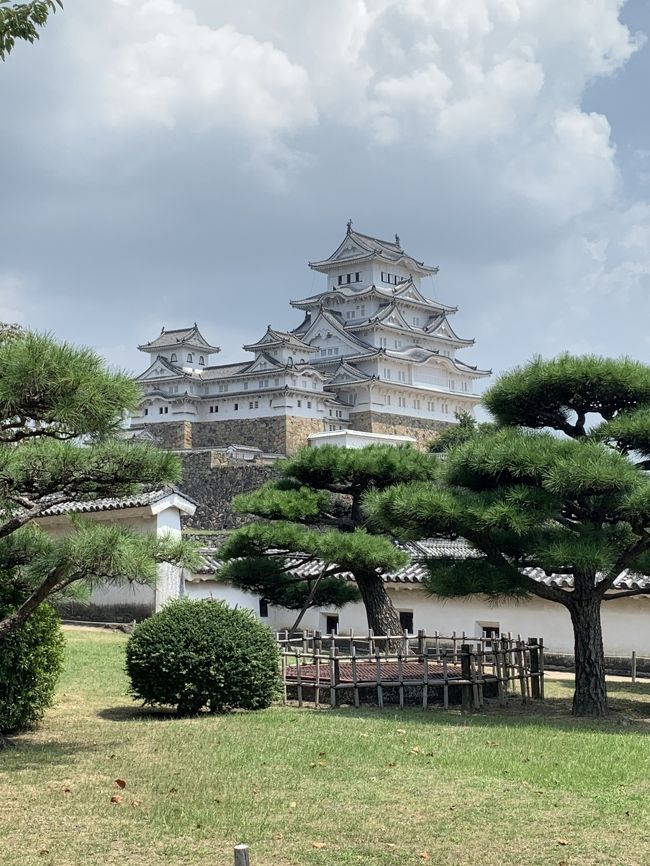 夫婦の夏休み２日目<br />長い事訪れたかった「姫路城」と「好古園」「書写山圓教寺」を回りました。<br /><br />姫路城は姿が白鷺のようであることから、別名「白鷺城」とも呼ばれています。その姫路城が「平成の大修理」を終えて、そのまばゆい輝きによみがえった姿を雑誌で見た時、あまりの美しさにこれは直接見に行かねば！と思いましたが…中々訪れる機会が無く早５年・・・<br />白の漆喰で塗られた部分も４～５年でカビ等により黒ずみ、いずれグレーのお城に戻ってしまうとか…焦りました…<br />でも今回姫路城を訪れ、まだまだ白く輝く美しい大天守を見る事ができ、長年の夢が叶いました。<br /><br />本当に美しいお城ですね！<br /><br /><br />