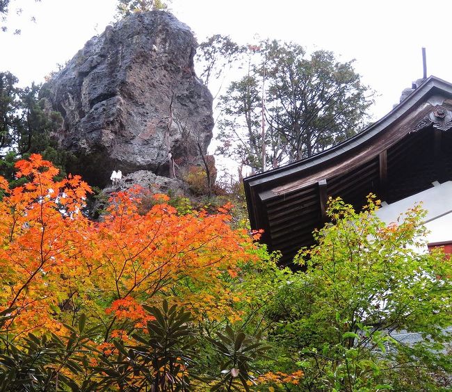 東北の紅葉ドライブから帰って１週間も家にいると退屈になり、また紅葉＆温泉＆トレッキングの旅に行きたくなった。紅葉見学には天気が一番。最低２日快晴が続く日を選び、その時見ごろになっているところを調べてみると、北関東の谷川岳や日光周辺が見ごろになるとのこと。谷川岳は2017年に行ったが、一ノ倉沢はパス。日光は去年訪れたが、台風の影響で紅葉がいまいちだった。そこで、両方のリベンジを兼ねて、谷川岳から日光中禅寺湖周辺を回るルートで、宿を予約。当初３泊の予定が、土曜日の道路の混雑を避けるため、10月23日（金）から27日（火）までの４泊５日の旅になってしまった。天気予報どおり、出発日は雨模様のだったが、翌土曜日からは晴天が３日間続くいい紅葉日和となり、今年３度目の紅葉ドライブを満喫することができた。<br />第一部は、初日、榛名神社に立ち寄り、榛名湖を経て伊香保温泉に泊まるまでの旅行記です。（表紙写真は、榛名神社の奇岩）<br /><br />＜今回の旅程＞<br /><br />10/23  東京ー（中央道、圏央道、関越道）－＞前橋IC<br />　　　ー＞榛名神社ー＞榛名湖ー＞伊香保温泉（泊）<br /><br />10/24  伊香保ー＞渋川IC－（関越道）－＞水上IC<br />　　　ー＞谷川岳ロープウェイ乗り場<br />　　　　（一ノ倉沢まで往復トレッキング）<br />　　　－＞（奈良俣ダム、照葉峡）－＞丸沼高原（泊）<br /><br />10/25  丸沼高原ー＞中禅寺湖ー＞中禅寺湖スカイライン<br />　　　　　　　　（半月山展望台登山）<br />　　　　－＞湯滝ー＞奥日光湯元温泉（泊）<br /><br />10/26 湯元温泉ー＞いろは坂ー＞明知平ー＞中禅寺湖畔（泊）<br /><br />10/27 中禅寺湖畔ー（東北道、圏央道、中央道）－＞東京<br />　　　　　　　　　　　　　　　　<br /><br /><br /><br />