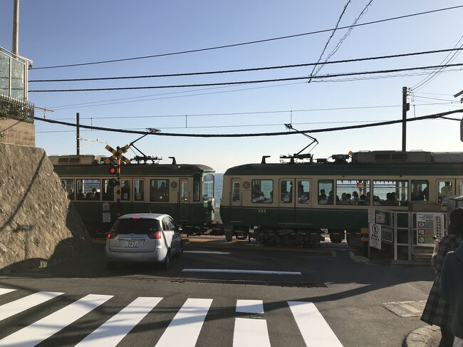 藤沢8:36-8:51鎌倉高校前9:06-9:12江ノ島‥①‥腰越10:01-10:06七里ヶ浜10:18-10:23稲村ヶ崎②10:47-10:50極楽寺③11:02-11:05長谷‥④‥鎌倉14:12-14:30鎌倉高校前⑤15:03-15:22鎌倉<br /><br /><br />8:30藤沢駅スタート。<br />藤沢駅の券売機で江ノ島電鉄一日乗車券「のりおりくん」（650円）を購入し、乗り降りとウォークを楽しむ。<br /><br />徒歩でぶらり<br />①江ノ島駅～江ノ島～江ノ島駅～路面区間～腰越駅<br />②稲村ヶ崎駅～稲村ヶ崎～稲村ヶ崎駅<br />③極楽寺駅～極楽寺～極楽寺切通し～極楽寺駅<br />④長谷駅～鎌倉大仏～銭洗弁財天～源氏山公園～化粧坂切通し～岩船地蔵堂～亀ヶ谷切通し～建長寺～鶴岡八幡宮～鎌倉宮～源頼朝の墓～東勝寺跡腹切やぐら～日蓮上人辻説法跡～鎌倉駅<br />⑤鎌倉高校前駅～満福寺～鎌倉高校前駅<br /><br /><br />車両は全車4両編成。<br />上下線共に12分間隔の運行ダイヤ。<br />9時台までの電車はゆったりと着席しながら車窓を楽しめたが、10時以降は一日乗車券を利用した乗車客で車内は混み合い、各駅での乗降客は激しく、時には通勤電車並みの混み具合の車両もあった。<br /><br />快晴の当時、午前中は相模湾越しの雪を被った富士山を眺め、美しさに感動する。午後は霞がかかり富士山の山影すら見えない。<br /><br />道中、紅葉が色づき、快晴の空とのコントラストが美しかった。<br /><br />海あり・山あり・紅葉あり・歴史ありの、江ノ島電鉄沿線を満喫する安価なプチ旅行であった。<br />　