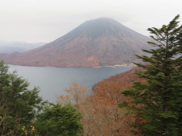 奥日光湯元温泉の湯守釜屋に宿泊して翌日、中禅寺湖畔に、中禅寺湖道路・県道250号線（中宮祠足尾線）を通って広い半月山駐車場に、足尾銅山で利用された角鉱車を見たり、足尾の山々を眺めたりした後、半月山展望台・半月山へ行く登山道を歩いて半月山展望台と半月山（1753.1m）に登りました、約1時間程歩きました。<br /><br />半月山駐車場からの登山道は歩きやすいです、半月山展望台から中禅寺湖や男体山、社山を眺めました、風景写真に登場する八丁出島もすぐ下に見えました、紅葉も素敵でした、半月山は眺望がありませんでした、展望台までは観光客が来ていますが半月山頂上に行く人は少ないようです。<br /><br />半月山駐車場から中禅寺湖畔に戻る途中、中禅寺湖展望台に立ち寄り、中禅寺湖や男体山の眺めを楽しみました、丁度紅葉が綺麗なので多くの観光客が眺めていました。