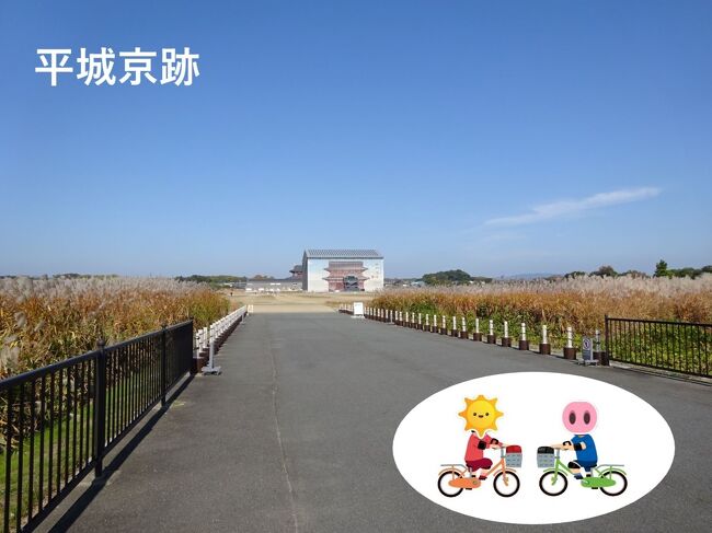 11月18日、平城宮跡にやって来ました。<br />6月にも来ましたが、とにかく広くて、端っこを歩いただけで終わりました。自転車で走ったらどんなに爽快か、夢が叶いました。<br />中央に見えるのが復元工事中の南門。この道路ははるかかなた、わずかに見える大極殿まで一直線です。一般の車は入ってきません。歩く人と自転車の天国です。といってもあまりに広いので歩く人はめったにいません。