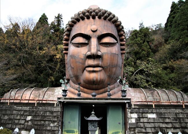 ハニベ巌窟院<br /><br />高さ15mの大仏様の頭が正面にド~ンとそびえる「ハニベ巌窟院」。初代院主の彫塑家・都賀田勇馬氏が、石切り場だった洞窟をアトリエとして作品を制作したことから始まり、昭和26年に設立されました。大仏様の頭、150mもの長さを誇る地獄絵巻の洞窟、おどろおどろしい世界にびっくり。