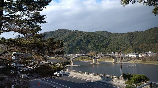 ４８年ぶりの広島と錦帯橋温泉。２泊目は錦帯橋温泉。錦川のほとりにある岩国国際観光ホテル。<br />お部屋からもお風呂からも錦帯橋が昼間も夜のライトアップも見られました。<br />ホテルの食事は竜宮城の乙姫の様、鯛やヒラメ伊勢海老とご馳走をいただきました。<br />３日目は錦帯橋と周辺の歴史的地域を観光しました。<br />錦帯橋は平成の修理を終えて昔来たことがあると夫が言います。昔より登りやすいとか。<br />錦帯橋を渡、武家屋敷や公園を回ります。文化財の目加田屋敷は夫が学生だった頃文学部の教授<br />だった方の生家だったそうです。<br />ロープウエイ。岩国城。天守閣から岩国空港も錦川も見えました。<br /><br />錦帯橋は明治になるまで武士や家族しか渡ることができなかったそうです。<br />岩国からＪＲで広島に向かいます。<br /><br />