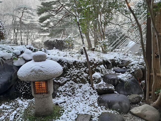 温泉に入るのが目的で駅から徒歩の宿を鬼怒川公園駅のそばに見つけた。夜から雨が雪に変わり露天風呂からの風景が、朝風呂の時に一変してる感動の年末になった。