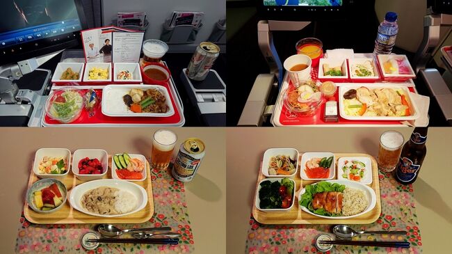コロナ禍で海外へ飛べない日々が続いていますね。そこで今回は、海外へ行ったつもりで、過去に搭乗したJAL国際線(2017~2020年)の機内食を集めてみました。<br />収載した機内食の路線・便名は・・・・、<br />①NRT-HEL(JL413/414)<br />②NRT-DME(JL421/422)<br />→現在はHND-SVO-HEL-HND(JL49/47/48)として3点運行<br />③HND/NRT-SIN(JL037/712)<br />④NRT-KUL(JL723/724)<br />⑤NRT-CGK(JL725/726)<br />そして後半は、これら便のメニューを参考に、到着地(シンガポール、クアラルンプール、ジャカルタ、モスクワ、ヘルシンキ)のソウルフードなども考慮して、自宅で晩ご飯としてつくってみた機内食風プレートです。というわけでトラベラー名は、今回に限り"yk-papa" → "Kitchen-papa" です!(笑)<br />今回は「旅行記」とはいえない内容ですが、この時期、なかなか実際に海外へは行けない(飛べない)ので、飛行機と渡航先にちなんだお料理集ということでご容赦くださいね!
