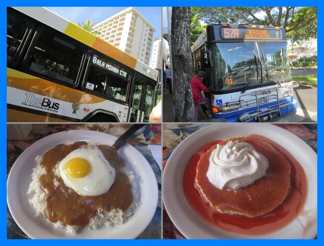 ハワイ満喫2013（２）ＴｈｅＢｕｓでカイルアへＧｏ＆シナモンズのパンケーキとロコモコ