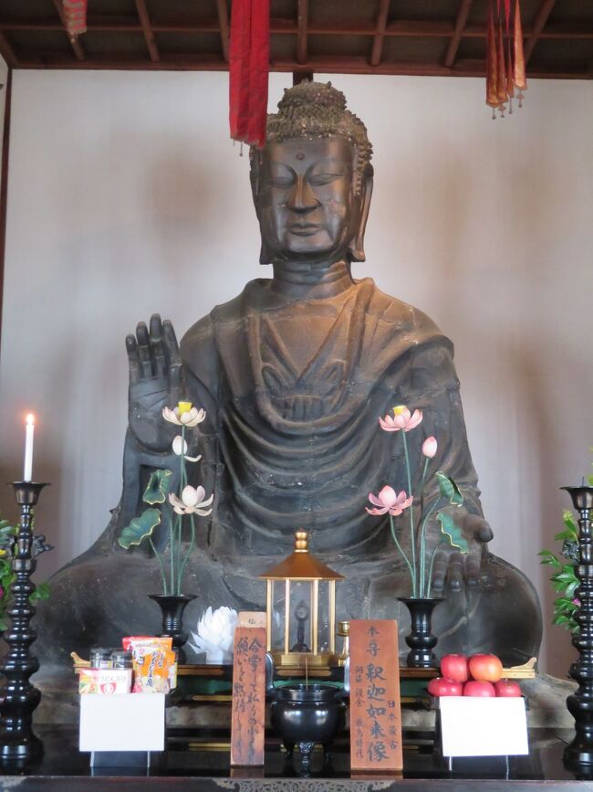 2020年12月6日(日)ルートは鬼の雪隠→鬼の俎→亀石→橘寺→酒船石→亀形石造物→飛鳥寺<br />※飛鳥駅からですと自転車(レンタサイクル)14分(2.9km)ぐらいで到着します。<br />※酒船石からだと4分(772m)ぐらいです。<br />飛鳥寺に関してWebj上での情報ですと、596年(推古4年)に仏教を保護した蘇我馬子の発願によって日本初の本格的寺院として完成したようです。(法興寺 元興寺とも呼ばれているようで、飛鳥大仏の名で親しまれているらしいです。)鎌倉時代に伽藍の大半を焼失してしまったらしく、現在の本堂は江戸時代に再建されたようです。本尊の銅造釈迦如来坐像(重要文化財)は飛鳥時代で日本最古の仏像とのことです。<br />飛鳥寺の西側には蘇我入鹿の首塚と呼ばれる五輪塔がありました。