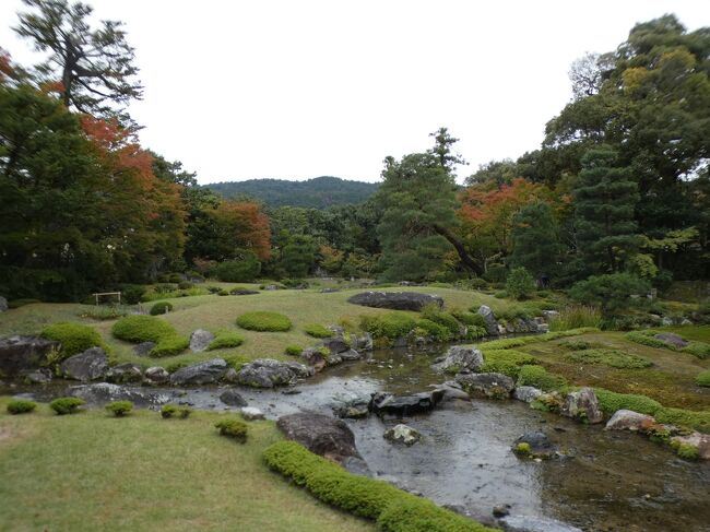 2020年10月28日(水)午後3時前、この日の目的地であった無鄰菴(むりんあん)に到着。ここで海外協力隊の同期隊員と久々の再会。この隊員の方は、中米のコスタリカ(Costa Rica)派遣で、派遣期間中に私が任国外旅行で中米を訪れた時に、首都のサンホセ(San Jose)でもう一人の同期隊員の方とお逢いして以来なので、ほぼ1年振り。今回は、東京からお母様と2人の京都観光で上洛されたので、観光をお邪魔しないように、ここで一緒にお茶を戴くことにした。<br /><br />無鄰菴は琵琶湖疏水、鴨東(おうとう)運河の南禅寺舟溜と仁王門通を挟んで南側にある(下の写真1)。高杉晋作の松下村塾出身で2度首相を務めた山縣有朋が1896年(明治29年)に完成させた別宅。この無鄰菴と云う名前は、そもそもは彼の出身地、長州(山口県)の下関(彼自身は現在の萩市出身)に建てた草菴に付けたもの。この菴には隣家がなかったことから付けたとも、論語の「徳不孤必有鄰(徳のある者は孤立することがなく、理解し助力する人が現れるの意)」から取ったものと云われる。<br /><br />山縣はこの名前を気に入ったようで、1891年(明治24年)に造った邸宅にも同じ名前を付けている。この第二無鄰菴と称される邸宅は、木屋町二条にあり、現在は日本食のがんこ高瀬川二条苑になっており、一度行ったことがあるが、ここの庭も素晴らしい。<br /><br />現在の無鄰菴は三角形の形状の敷地で、広さは約3100平方mあり、数寄屋造りの母屋、藪内流燕庵写しの茶室、煉瓦造り二階建て洋館および広い日本庭園からなっている。庭園は七代目植治(小川治兵衛)の作庭で、1951年に国の名勝に指定されている。第二無鄰菴が完成した直後の1892年頃から準備が始まり、1894年に造営着手し2年後に完成した。1941年に寄贈されて現在は京都市が管理している。<br /><br />この地に邸宅を築いた背景には、以下のような動きがあった。明治初期の廃仏毀釈で、この一帯の広大な境内に塔頭が立ち並んでいた南禅寺も寺領の上知を命ぜられ、その土地はやがて民間に払い下げられた。また1890年には、琵琶湖からこの地に至る琵琶湖疏水の第一期工事が竣工したこともあり、府や市は、この地区を風致地区として将来の別荘地とする方針を打ち出した。無鄰菴は、その別荘・別邸群の先駆けともいえる存在だった。現在、その邸宅群で唯一通年公開されている。<br /><br />西側の通りの入口から敷地内に入ると玄関と受付がある(下の写真2)。ここで無事待ち合わせのお二人と合流。早速菴内に入るが、コロナ以降は9時から17時までの1時間おきの事前予約制になっていて、各時間帯は20名までに制限されていた。事前に3時からの喫茶付き入場券をウェブ予約してくださってたので、すんなりと入場。ちなみに入場料は600円で、喫茶付は1600円だったが、この日、28日は35歳以下は入場料無料の日で、再会した同期隊員の方はラッキーだった。<br /><br />敷地の北西部に建つ母屋の玄関から入場。母屋は簡素な木造平屋の桟瓦葺(一部は二階建、銅板葺)。1895年に建築され、1898年および大正期に改造された。1階に坪庭を囲んで次の間付10畳の客座敷と次の間付8畳の座敷があり、それぞれ「会室の間」「居間兼客座敷」と呼ばれていた。山縣有朋は、別荘の主体は庭園としており、座敷から庭を鑑賞することに重点を置いていたため、簡素な造りになっている。<br /><br />毎時05分、30分に無料ガイドがあるので、まずは南側の8畳間で説明を聞く。座椅子や座布団が離れて置かれ、密にならないように工夫されている。10分余り説明を聞いて、そのまま座敷からお庭に降りる。この座敷からお庭に出たところがお庭を撮るベストポジションとのこと。約1000坪の、別荘としては小ぶりな敷地に東山を借景とし、明るい芝生に琵琶湖疏水を引き込んだ浅い流れを配した池泉廻遊式庭園が広がっている。色づき始めている木もあり、残念ながら曇ってはいたが、素晴らしい眺めだった。<br /><br />橋でなく飛び石で流れを越え、庭を奥に進むと道沿いに黄色い実を付けた低木が植わっているが、これはクサボケ(草木瓜)。ボケの野生種で、山縣有朋の故郷、山口県の里山にも自生しており、彼の意図でここに植えられたそうだ。果実酒の材料として人気があるそうだが、飲んだことない。振り返ると母屋と洋館を見下ろせる。結構高低差がある。<br /><br />庭の中央部に進むと、下の母屋からは見えなかった池が見えるが、琵琶湖を再現している。この池は、上部の池に続き、二つ合わせてひょうたん池とも呼ばれる。流れてる水は琵琶湖から流れ出したもので、その取入れ口が一番奥にある三段の滝で、ここで琵琶湖疏水を引き込んでいる。右、左、中央と三段の滝にすることにより滝に幅を持たせている。ここから見える母屋は実際より遠く見える。<br /><br />戻り、途中から来た道を逸れて左手に進むと茶室がある。三畳台目の主座、二畳中板敷、三畳の3つの間と水屋を一つの建物に収めたもので、1895年頃に外部から移築されたもの(下の写真3)。<br /><br />茶室の先、敷地の南西角に建つのは煉瓦造2階建の洋館。設計は新家孝正で1898年に竣工したもの。2階の間ではしばしば要人との会見が行われたが、中でも有名なのは日露戦争開戦前の1903年に元老であった山縣有朋と伊藤博文政友会総裁、桂太郎総理大臣、小村寿太郎外務大臣とで行われた会議で、無鄰菴会議と呼ばれる。この会議で、満韓交換論とも云われる対露方針が同意された(下の写真4)。<br /><br />3時45分頃、洋館を出て、いったん玄関前のたたきに出て、母屋の奥の10畳間に戻り、庭を眺めながらお茶とお菓子を戴く。抹茶、コーヒー、クラフトビール、ほうじ茶のいずれかと無鄰菴オリジナルどら焼き、村上開新堂のロシアケーキ、ピスタチオ、お干菓子二種のいずれかを戴くことが出来、私は抹茶と干菓子を戴く(下の写真5)。<br />https://www.facebook.com/media/set/?set=a.4797363310333655&amp;type=1&amp;l=223fe1adec<br /><br />3時、入れ替え制なので、無鄰菴を出、その後30分余り蹴上インクラインを歩きながら、もう少し昔話などして、私は京都地下鉄東西線の蹴上駅から帰路に就いた。東西線は京都地下鉄の2番目の路線として、1997年に醍醐・二条間が開業。この時、この蹴上駅も開業した。東西線はその後、2004年に六地蔵まで、2008年に太秦天神川まで延伸されている。御陵(みささぎ)から太秦天神川までは京阪京津(けいしん)線が乗り入れている。<br /><br />京阪京津線は1912年(大正元年)に一部開通、1925年に三条から浜大津までが全線開通した路線で、東西線への乗り入れに際して、三条・御陵間が廃止された。三条から蹴上までは路面を走っていたのが懐かしい。また、蹴上から先、山科の日ノ岡までの区間はその頃は3車線で、通常は日ノ岡方面行が2車線だが、夕方の2時間のみ蹴上方面行が2車線となる中央線変移が行われていたのも懐かしい。私は京都の交通管制は担当じゃなかったが、同僚が関わってたなあ。なお、現在は京津線の専用軌道が道路化され、常時片道2車線となっている。<br /><br /><br />以上