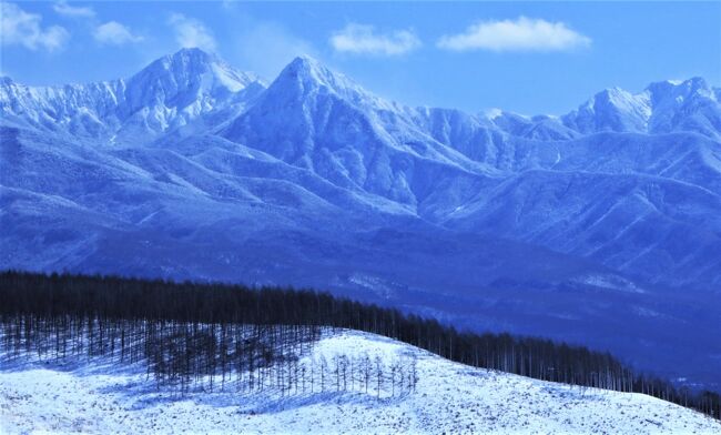 先日行った近江撮影旅の仲間から、霧ケ峰や白樺湖の雪景色を撮りにいかないかと誘われて行ってきました。<br />三人の少人数だし、他人との接触はほぼないとみました。<br /><br />霧ケ峰や白樺湖は、以前よく行きましたが、この地方の雪山は北横岳のみで、雪景色は新鮮できれいでした。<br />霧ケ峰の積雪量は、６０センチぐらい。<br />久しぶりのアイゼン使用でしたが、場所により深くてツボ足に。<br />抜くとき大変でした。<br /><br />諏訪湖の夕景も撮って、迷った長野行でしたが、行って良かった。<br />素晴しい景色に出会うことができました。<br /><br /><br />表紙の写真は、霧ケ峰から見た、八が岳連峰、主峰赤岳。<br /><br />