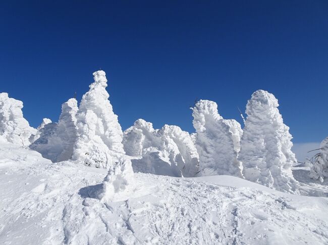 秋田県の森吉山に登ってきました。最高の天気に恵まれて日本三大樹氷の一つとされる樹氷を満喫♪行きのフライトでは、次々と現れる雪の名峰群の絶景も楽しめました。<br /><br /><旅程><br />【1日目(2/13土)】<br /> 中部7:25→8:30羽田9:10→大館能代10:20(ANA86+ANA719)<br /> 大館能代空港10:30→阿仁スキー場11:40(森吉山周遊乗合タクシー)<br /> 阿仁ゴンドラ山頂駅12:09-12:49阿仁避難小屋-13:11森吉山13:28-13:58阿仁避難小屋14:13-14:26森吉神社避難小屋14:29-14:53阿仁ゴンドラ山頂駅(徒歩)<br /> 阿仁スキー場16:00→阿仁合駅16:25(森吉山周遊乗合タクシー)<br /> 阿仁合16:51→17:48鷹巣/鷹ノ巣17:52→大館18:10(秋田内陸縦貫鉄道+JR奥羽本線)<br />【2日目(2/14日)】<br /> 大館8:38→10:12追分10:31→10:41上二田12:38→13:07男鹿13:45→秋田14:45(JR奥羽本線+男鹿線)<br /> 秋田駅前15:30→秋田空港16:10(秋田中央交通・リムジンバス)<br /> 秋田17:00→中部18:30(ANA1840)
