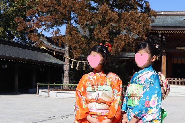 2月中旬、コロナ禍の自粛・自重のため、半年近く遅れていた七五三のお参りに寒川神社へ訪れました。 一か月前に下見に来ていましたので、滞りなくお参りをすますことができ、また天気にも恵まれ、久しぶりに孫娘たちと楽しく充実した一日を過ごすことができました。<br /><br />主役の下の孫娘(7才8ヵ月)は、近所の大手写真店で着付けを頼み、上の孫娘(9才6ヵ月)は、すでに七五三を卒業していますが、我が家で着替えて一緒にお参りです、私は、女性の着物姿はいつでもwelcomeです。<br /><br />表紙写真:拝殿・本殿 神木前の孫娘たち(左:姉 右:妹)
