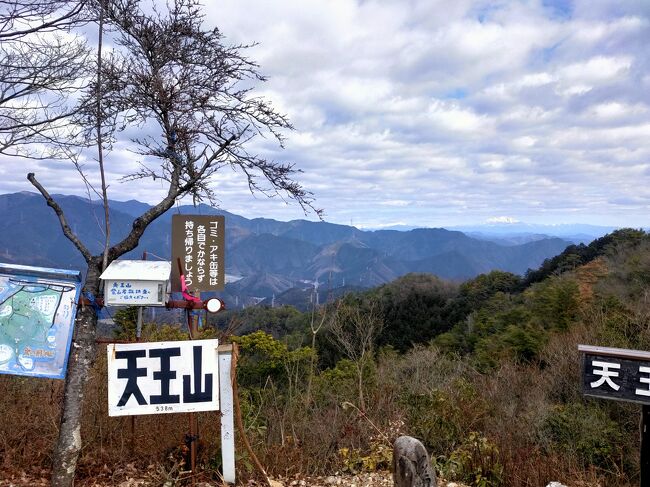東海北陸自動車道関インターから<br />岐阜県美濃市の大矢田神社へ。大もみじで有名<br />神社の脇の登山口から（１．２ｋ）約50分で天王山（537m）へ。当日は晴れ時々雲無風。<br />10:10分登山開始、急登を登り切り11:04分頂上。頂上からの御嶽山、乗鞍岳、穂高はハッキリ展望（白山は前山がじゃまして見えず）。<br />11:30分下ったり登ったりの尾根伝いの縦走（２．２ｋ）約80分で誕生山（501m）へ。<br />ぽかぽか陽気の展望テラスで昼食後13:30分下山開始。途中の白山（１ｋ）経由<br />二町グランドへ下山（１．２ｋ）の予定が途中で道を間違えてヤブ中へ、藪漕ぎ難儀の上二町G登山口（１５：０５）へ<br />普通の町道を約２ｋ程歩き大矢田神社の駐車場着。（15:30分）<br />総歩行距離８．２ｋ