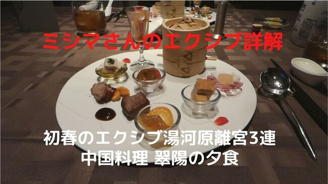 この日の夕食はパブリック棟1階レストラン街の中国料理 翠陽で、プレミアムスモールポーション 玉珠(ギョクジュ ¥13,200-)を予約しました。<br /><br />フカヒレの姿をはじめ、アワビや伊豆産伊勢海老を使った海鮮主体の豪華な料理を、古越龍山10年(¥9,240-)と共に楽しみます。<br />