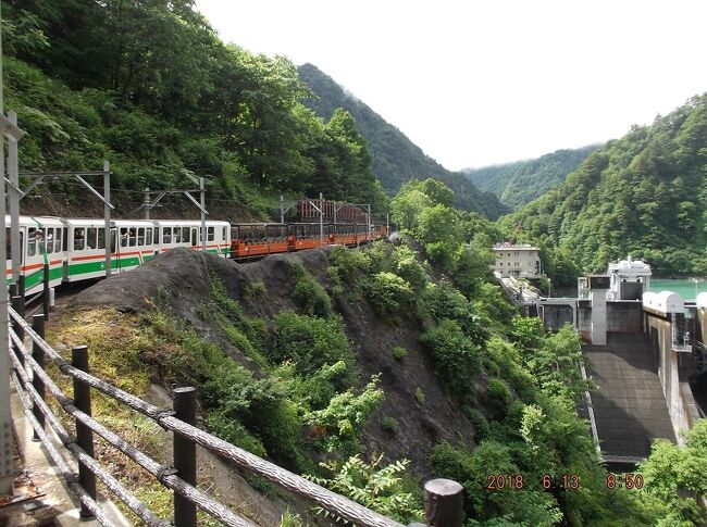 2018年6月11日から2泊3日で北陸方面にドライブ&観光に行きました。<br /><br />3日目は 主目的の黒部峡谷鉄道のトロッコ列車に乗ることです。<br /><br />1、いつも通り起床しました。昨日、当日券は6時50分から買えると分かり、荷物支度して黒部渓谷鉄道の宇奈月駅に行き始発<br /> の7:57の切符と帰りの切符を購入しました。(並んでいる人は数人でした)<br /><br />2、ホテルに戻り不随の朝食バイキングを食べました。北陸の幸を中心に小鉢がありどれも上手かったです。<br /> (ホテル:フイール・宇奈月)<br /><br />3、7:30頃チェックアウトし、荷物を車に載せて駅周辺を散策し、駅には10分前の7:50頃着きました。待ってる人は多くは無く<br /> 鉄道関係の人が20人位待ってました。(工事の人みたい)<br /><br />4、黒部峡谷鉄道は宇奈月駅と欅平駅を往復してます、時間にして片道1時間20分位です。普通客車(オープンデッキ)で往復で<br /> 大人3960円でした。客車は「特別客車」や「リラックス客車」もあり、別途特別料金が付加されます。(+530円/+370円)<br /><br />5、出発時は小雨で寒かったので往路はリラックス客車にしました。<br /><br />6、列車は渓谷沿いにガタゴトの部って行きますが、往路は右の席の方が景色はいいです。<br />6-1、トンネル内はうるさいです。<br />6-1、所々に残雪が見えました。<br /><br />7、欅平駅に着きました。駅舎周辺には日帰り温泉や足湯など1~2時間散策出来そうでしたが台風の影響か、「猿飛峡側」や「名<br /> 剣温泉側」は途中で行き止まりでした。散策の予定を切り上げて帰りの予約した電車を早めにしてもらい宇奈月まで引き返<br /> しました。<br /><br />8、宇奈月駅に帰ってくると昼飯時、駅舎に隣接して「レストイン・黒部」があり、「富山のブラックラーメン」があり食べま<br /> した。<br /><br />9、ほぼ予定が終了したので帰宅向かいました。昨日見つけた道の駅「道の駅・うなづき」でお買い物。<br /><br />10、途中、地元のスーパーに寄り、「富山のブラックラーメン」を買いました。普通の生ラーメンですが2食入りのを3袋買い、<br /> 後日自宅で食べました。(私の地元のスーパーでは売ってないんですね)<br /><br />11、ナビに自宅をセットして帰路に着きました。事前のG-MAP のコースとは違ってしまい遠回りになりました。時間的には<br /> ほぼ同じでした。ナビの設定は途中で「高速」OR 「一般道」を使い分けないと予定や道が変わってしまいます。<br /><br />*雑感-1、今回の3日間はほぼ予定通りスケジュールとおりで作戦成功。<br />*雑感-2、反面、観光スポットを多くしたり、出発時間を早くしたりで忙しかったので次回はノンビリ旅にしたいと思いま<br /> した。(その後も忙しい旅ばかりになってしまいました。)<br />*雑感-3、3日間で巡った地やスポットは80点位なので、プラス分は残し、マイナス分を省いて、少しコースを変えてまた行っ<br /> てみたいと思っています。<br /><br />***3日間で約1400km走行しました。<br /><br /><br /><br /><br /><br />
