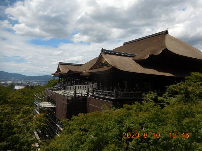 2020年 コロナ禍真っ只中の夏休みは、感染予防を徹底したうえで京都と滋賀の寺社巡りの旅行をしました。<br />当時東京都以外ではGotoトラベルキャンペーンが始まっていましたが、地域クーポンは無く、事後申請での一部返金のみで、結局自身にとってGotoトラベルの恩恵を受けることができた唯一の旅となりました。<br /><br />1日目(8月10日):京都観光→京都市街泊<br />2日目(8月11日):京都観光→亀山温泉泊<br />3日目(8月12日):京都観光→雄琴温泉泊<br />4日目(8月13日):滋賀観光→帰宅<br /><br />4日間とも晴天に恵まれたのですが、猛暑の中での寺社巡りは非常にハードな旅でした。まずは1日目 京都観光です。