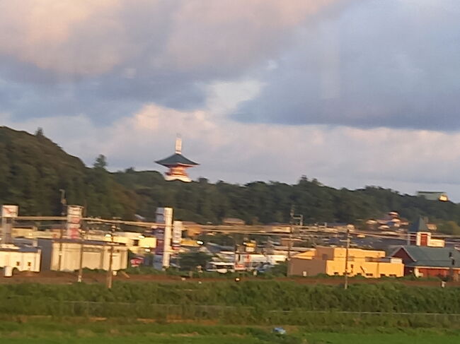 ↑成田スカイアクセス線の車窓から、成田山新勝寺「平和の塔」↑