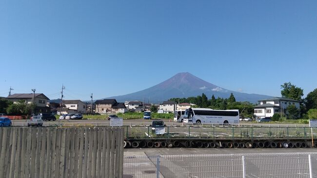 Facebookの友達が富士山下半分のハイキングを企画し、有り難いことに誘ってくれました。<br />休日の７月23日(木)、富士急行の「富士山駅」に到着。かつての「富士吉田駅」です。隣接の喫茶店「豆の樹」でモーニングのトーストとホットコーヒーを頂きました。ハイキング前の炭水化物は○のはず。<br />高速バスで３名が来る予定でしたが、オリパラの交通規制と連休初日のため大渋滞だそうで、大幅に遅れることになりました。到着していた２人はバスで北口本宮冨士浅間神社へ移動し、お参りしました。鬱蒼とした大神社です。<br />この企画は、「馬返」（うまがえし）から登るものでしたが、私はまず、この浅間神社の登山口から馬返まで登ることにしました。道路と遊歩道が有り、緩やかな登りですが、長かった。ずっと木陰で、暑くはありませんでした。途中、小型バス、マイカー、タクシー等が行き交っていました。北口本宮冨士浅間神社は標高850ｍで、馬返は標高1450ｍ。距離は7.4kmで、高低差が600ｍ有るのです。ようやく、馬返に着きましたが、疲れました。<br />12時頃、馬返よりゆっくり登り始めました。ここを登るのは２度目でした。二合目にボロボロの神社が有ります。この道はかつての富士登山のメインルートであり、かつての浅間神社の廃墟です。二合目でパンを食べて、休んでいると、本日のメンバーとここで合流しました。<br />たくさんの小屋跡やモニュメント等を見ながら登りました。所々で眺めが良かった。よく整備された道で、所々が見事な石畳となっています。国土地理院の地図では黄色で、県道の道です。<br />五合目の車道を横切り、やっと標高2230ｍの佐藤小屋に到着。16:30頃でした。帰りの最終バスが17:40なので、のんびりしませんでした。<br />緩やかな白く曇った道を富士スバルライン五合目へと歩きました。<br />無事、標高2304ｍの富士スバルライン五合目に到着。小御嶽（こみたけ）神社へお参りし、振り返ると、焦げ茶色の富士山が見えました。富士山の半分の登山で高低差は1454ｍ。でかい富士山は半分でもでかかった。五合目は寒かった。富士急のスバルラインのバスで下りました。<br />帰りの富士急行の電車がのんびり走ったため、大月に着いたときに、20時を過ぎていました。駅前の居酒屋は閉まっていました。空腹だったので、コンビニでガーリックのスパゲッティーを買っちゃいました。乗り換え駅での乗り換えの間に、ホームのベンチでその冷たいのを食し、おいしかったです。総じて珍道中だったと思います。楽しく、心地良い疲労感でした。