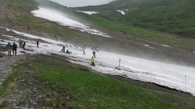 ２年連続の４連休、今年はすでに梅雨明け！　もう出かけるしかありません(笑)<br />このごろ秋田や岩手の山が多かったので、今回は山形に行ってみました。<br /><br />まず37年ぶりの月山です。鶴岡から八合目までバス、北から南に縦断して月山スキー場のリフトで下りるというお散歩コースにしてみました。<br />北斜面の弥陀ヶ原は花盛り、それはうれしいですが、人出もいっぱいでやや驚き。皆さん都会を脱出して、お山に!?