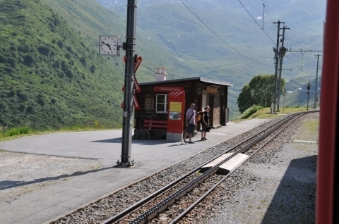 2013年の7月にスイスに行ってきました。<br />目的はユングフラウとマッターホルンでハイキングを楽しむことと、スイスの鉄道に乗ることです。<br />日程は以下のようになりました。<br /><br />7/13　土　早朝フランクフルト着。シュトゥットガルトに立ち寄った後チューリッヒへ。<br />7/14　日　チューリッヒからベルニナ線へ。その後氷河急行のルートを辿りグリンデルワルトへ。<br />7/15　月　グリンデルワルトからユングフラウ周辺を散策。<br />7/16　火　ユングフラウ周辺を散策後、夜の列車でツェルマットへ。<br />7/17　水　ツェルマットからマッターホルン周辺を散策。<br />7/18　木　ツェルマットからマッターホルン周辺を散策。<br />7/19　金　ツェルマットからフルカ山岳蒸気鉄道、チェントヴァッリ鉄道に乗りチューリッヒへ。<br />7/20　土　チューリッヒからリギ山に行き登山鉄道に乗り、夕方の便で帰国。<br />7/21　日　成田空港着。<br /><br />今回乗車する鉄道路線は氷河急行のルートであるベルニナ線、ユングフラウの登山鉄道、ゴルナーグラート鉄道、フルカ山蒸気鉄道、リギ鉄道、チェントヴァッリ鉄道です。<br />スイスの山と鉄道を楽しみつくしましょう。<br /><br />※ブログ『マリンブルーの風』に掲載した旅行記を再編集して掲載しています。<br />ブログには最新の旅行記も掲載していますので、ぜひご覧下さい。<br /><br /> 『マリンブルーの風』<br />http://blog.livedoor.jp/buschiba/<br /><br /> 2013年スイス旅行記目次<br />http://blog.livedoor.jp/buschiba/archives/52354309.html<br /><br /><br />スイス旅行記の第4回です。<br />2日目は鉄道の旅です。<br />スイスを代表する観光列車「氷河急行」のルートを辿り、アルプスの山を縫って西へと進みます。<br />