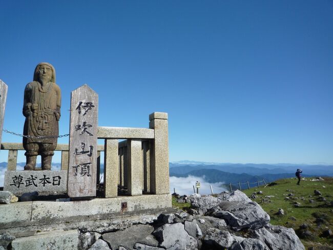 日本武尊（ヤマトタケルノミコト）を死に至らしめた伊吹の神（伊吹山）へは伊吹山ドライブウェーを使って車で1,245mまで上がって、130m程登れば山頂に行けて、晴れれば展望が良く、手軽に高山が楽しめる山です。<br />今回は上野登山口から登って、山頂周遊を楽しみました。<br />(9月15日時点で、登山自粛が米原市のHPに出ていました。)