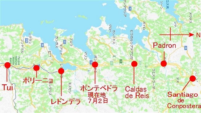 　歩く歩く歩く2016　ポルトガル人の道５<br /><br />　地図はポルトを出発してから６日目の Tui からゴールのサンチャゴまでの道のりです。今日はポンテベドラを出発して Caldas de Reis を目指します。サンチャゴへはあと３日で到着です。<br /><br />　日本出発から57日目　　ポンテベドラ　－　Caldas de Reis<br /><br />  ７月２日（土）ポンテベドラのアルベルゲ。インスタントの玉ねぎスープを作りチーズを挟んだボカディージョとヨーグルトで朝飯にする。と、そこへ「おはようございます」と日本語で挨拶してくれる人がいたのでびっくり。この人は昨年、日本へ行ったそうだ。有名どころの東京、京都なら分かるが飛騨高山にも行ったとか。スペインに居て日本に行ったことがあると言う話を聞くと驚いてしまうが、ここにいる人たちは世界のあちこちに行っている可能性があることを考えれば無さそうで意外と有ることかも。