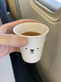 旭川へ日帰り出張① 1年8か月ぶりの飛行機搭乗は、初めての "AIR DO"。紙コップの顔はマスコットのベア・ドゥ！