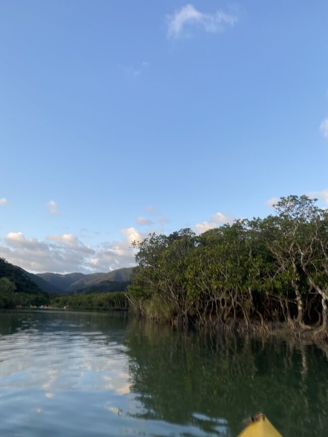 いつも海外に一緒に行ってた友人と国内旅行<br />始めは熊野古道が候補でしたが、なかなか遠い。<br />1泊2日だと厳しいかなぁと思って<br />そしたら、奄美大島のタイムセールを発見<br />で、、奄美大島へ<br />特に計画もなくでしたが、到着後ハートロックをみて、<br />まだ干潮でなくて少し遠めから<br />その後ホテルに荷物を置いて、マングローブへ<br />カヌーを初めてやりました。なかなか始めは理解出来なくて、、頭大丈夫か?と心配でしたが、インストラクターのお兄さんが皆初めは初心者ですから大丈夫ですよと言ってくれて、1人ずつ乗り頑張りました。<br />足元は多少濡れました。4時頃から初めて5時半ごろに終了<br />ちょうどよい時間に終わって暗くなる前にホテルに戻れました。夕食は予約していた脇田丸から喜多八さんへ変更。当初伊勢海老をと思っていたのですが時期からずれているとの事でったのでカヌーのお兄さんが勧めてくれた喜多八さんへ<br />コースで刺身、煮物、などおなか一杯になりました。飲み物は3杯つき<br />生ビールと焼酎を頂きました。おいしかった。9時にはお開きで<br />お部屋でシャワーを浴びてから友人の部屋で0時まで酒盛り。久しぶりで楽しかったです。<br />2日目 お酒が残ってます。が朝食は頂けました。<br />お味噌汁がおいしかった。<br />ホテル周りを散策しながら注文していたかりんとうを取り<br />11時ごろチェックアウトして大浜海水浴場へ<br />島とうふで昼食<br />その後町田酒造、大島紬村、あやまる岬、土盛海岸と見学して<br />15時半過ぎにレンタカーを返して帰途へ<br />JAL643便8:05羽田発 鹿児島10:20発 奄美11:20着<br />ニュー奄美ホテル朝食付き<br />奄美16:15発 鹿児島17:05着 鹿児島18:45発 羽田20:15着<br />1人33000円
