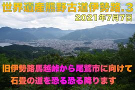 世界遺産熊野古道伊勢路馬越峠.3 旧伊勢路馬越峠から尾鷲市に向けて石畳の道を恐る恐る降ります