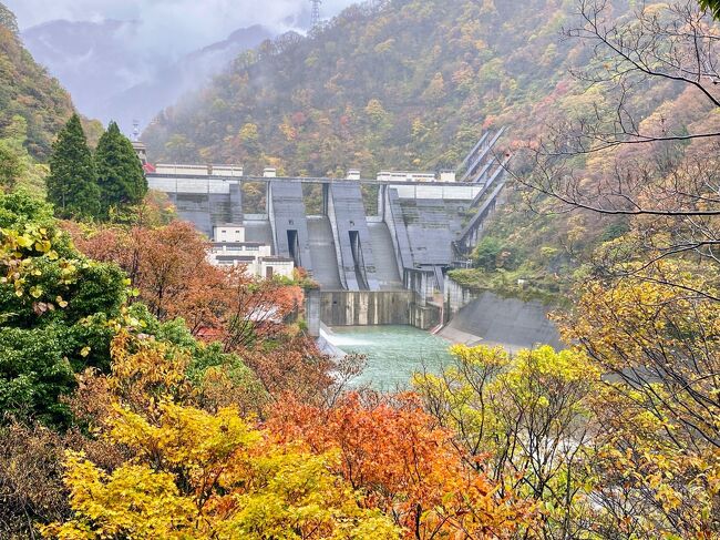 11月上旬 紅葉シーズンに黒部渓谷を走るトロッコ電車と宇奈月温泉を楽しむ旅行をしてきました。<br /><br />初日は、トロッコ電車に乗って黒部渓谷の紅葉を満喫してきました。(前の旅行記)<br />2日目は、朝から小雨が降っています。(今回の旅行記)<br />ホテルで大きい傘を貸りて(折り畳みの小さな傘しか持っていなかった)宇奈月エリアの散策をしました。<br />雨なので写真映えないかもしれませんがご了承ください。<br /><br />トップ画は、紅葉の見頃「宇奈月ダム」で撮影しました。