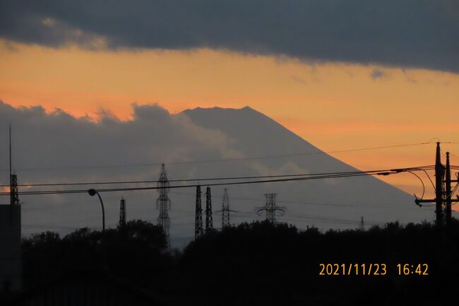 11月23日、午後4時40分過ぎに本日初めてふじみ野市より夕焼けの富士山が見られました。<br /><br /><br /><br /><br /><br />*写真は雲から顔を出した夕焼け富士