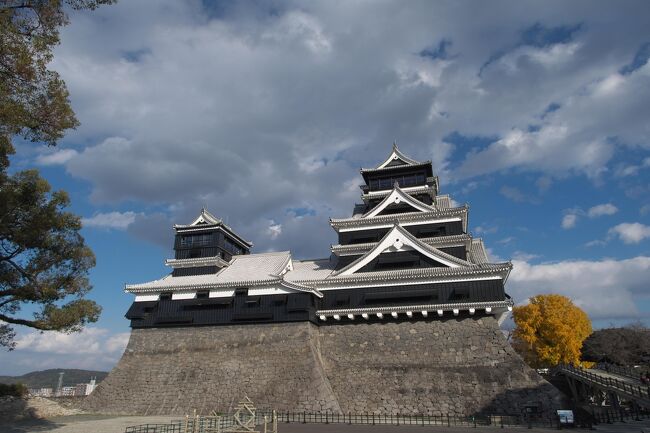 天守の復旧がなったとのことで、熊本城に行ってみました。<br />まずはアクセス。熊本駅からだと路線バスか「城めぐりんバス」。30分以上かかります。<br />そこでとりあえず行きはタクシーで10分ほど。<br />第二駐車場まで運んでもらい、熊本城はすぐそこ。正面から入ると天守が見えてきます。<br />大天守と小天守二つ並んだ姿はさすがに大きい。<br />回り込んで正面入り口から天守の中に入ります。<br />熊本城は江戸時代から残っている天守というわけではなく、近代に再建されたものなので内装は近代的。外見は古の姿を再現しているそうです。<br />さて、階段を上がりながら各階の展示物を見学。加藤家の時代、細川家の時代の展示物がありました。<br /><br />天守から出て右に行くと加藤神社。お城の城郭とはは少し違った構図で天守が見られるポイントがあったりします。<br />簡単にお参りして、熊本城・加藤神社ツアーはおしまい。<br />帰りは城めぐりんバスで熊本駅まで35分でした。