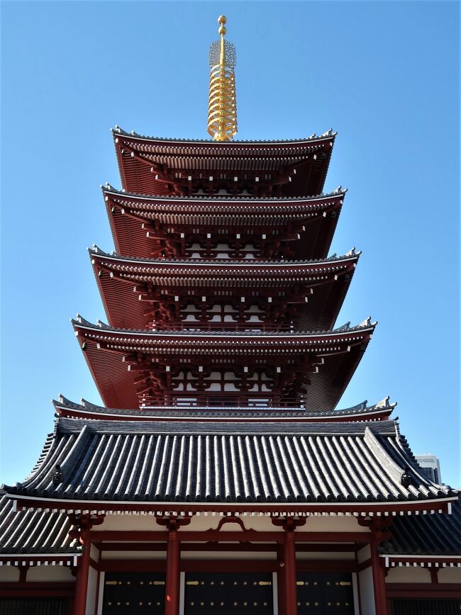 浅草寺（せんそうじ）は、東京都台東区浅草2丁目にある東京都内最古の寺である。正式には金龍山浅草寺（きんりゅうざんせんそうじ）と号し、観音菩薩を本尊とすることから浅草観音として知られている。山号は金龍山。 <br />昭和25年（1950年）に独立し、聖観音宗の本山となった。都内では、坂東三十三箇所観音霊場唯一の札所（13番）、また江戸三十三箇所観音霊場の札所（1番）でもある。全国有数の観光地であるため、正月の初詣では毎年多数の参拝客が訪れ、参拝客数は常に全国トップ10に収まっている。本尊は聖観世音菩薩。<br /><br />宝蔵門<br />雷門をくぐり、仲見世通りの商店街を抜けた先にある。入母屋造の二重門（2階建てで、外観上も屋根が上下二重になっている門）である。現在の門は昭和39年（1964年）に再建された鉄筋コンクリート造で、実業家・大谷米太郎夫妻の寄進によって建てられたものである。門の左右に金剛力士（仁王）像を安置することからかつては「仁王門」と呼ばれていたが、昭和の再建後は宝蔵門と称している。その名の通り、門の上層は文化財「元版一切経」の収蔵庫となっている。 <br />2体の金剛力士像のうち、向かって左（西）の阿形（あぎょう）は仏師・錦戸新観、右（東）の吽形（うんぎょう）像は木彫家・村岡久作の作である。阿形像のモデルは力士の北の湖、吽形像のモデルは明武谷と言われている。門の背面左右には、魔除けの意味をもつ巨大なわらじが吊り下げられている。これは、前述の村岡久作が山形県村山市出身である縁から、同市の奉賛会により製作奉納されているもので、わら2,500kgを使用している。丈の高い古い稲品種を特別に栽培しておりわらじは10年おきに新品が奉納されて。 <br />耐震性の向上と参拝客に対する安全確保のため平成19年（2007年）に屋根改修工事を行い、軽量さと耐食性に優れたチタン製の瓦を全国で初めて採用した。また、主棟・隅棟・降棟・妻降棟すべての鬼飾もチタンで製作された。<br /> <br />本堂<br />本尊の聖観音像を安置するため観音堂とも呼ばれる。旧堂は慶安2年（1649年）の再建で近世の大型寺院本堂の代表作として国宝（当時）に指定されていたが、昭和20年（1945年）の東京大空襲で焼失した。現在の堂は昭和33年（1958年）に再建されたもので鉄筋コンクリート造である。 <br />外陣には川端龍子筆「龍の図」、堂本印象筆「天人散華の図」の天井画がある。内陣中央には本尊の聖観音像（絶対秘仏）を安置する八棟（やつむね）造りの宮殿（くうでん、「厨子」と同義）がある。宮殿内部は上段の間と下段の間に分かれ、上段の間には秘仏本尊を安置する厨子を納め、下段の間には前立本尊の観音像（伝・円仁作）安置する。下段の間にはこのほか徳川家康、徳川家光、公遵法親王（中御門天皇第二皇子、天台座主）がそれぞれ奉納した観音像が安置されている。 <br />本尊は絶対秘仏で公開されないが、「お前立」の観音像は12月13日午後2時からの開扉法要の際に一般の信徒も拝観することができる。 <br />2009年2月から2010年12月にかけて、「平成本堂大営繕」が行われた。屋根の葺き替えは再建以来50年ぶり。宝蔵門の改修工事でも用いたチタン瓦を採用。使用色も2<br />色から3色に増やし、より粘土瓦に近い風合いを醸し出している。<br />2020年6月13日、新調された扁額の奉納法要が行なわれた。新調された扁額は大ケヤキの一枚板で、天台宗僧侶で書家の豊道春海の筆による「施無畏」の文字が、井波彫刻の彫刻師、南部白雲によって彫られた。幅約4メートル、縦約1.3メートル、厚さ約15センチメートル、重さ約700キログラム。 <br /><br />五重塔<br />天慶5年（942年）平公雅が塔を建立したと伝わる。慶安元年（1648年）に五重塔として建立され、昭和20年（1945年）の東京大空襲では焼失した。現在の塔は本堂の西側、寛永8年（1631年）に焼失した三重塔の跡伝承地付近に場所を移して、昭和48年（1973年）に再建されたもので鉄筋コンクリート造、アルミ合金瓦葺き、基壇の高さ約5メートル、塔自体の高さは約48メートルである。基壇内部には永代供養のための位牌を納めた霊牌殿などがあり、塔の最上層にはスリランカ・アヌラーダプラのイスルムニヤ寺院から請来した仏舎利を安置している。<br />なお、平成21年（2009年）、新たに「旧五重塔跡」と記された石碑が設置された。周辺には木が植えられ、憩いの場となっている。 <br />（フリー百科事典『ウィキペディア（Wikipedia）』より引用）<br /><br />金龍山浅草寺については・・<br />https://www.senso-ji.jp/<br /><br />浅草（あさくさ）は、東京都台東区の町名。<br />浅草寺の門前町として観光地および繁華街となっている。また浅草駅は東京メトロ銀座線、都営浅草線と東武伊勢崎線（東武スカイツリーライン）の浅草駅が位置しているほか、つくばエクスプレスの浅草駅とも近接している。<br /><br />浅草寺や仲見世通り、雷門などを中心に東京を代表する観光地として有名である。東京都台東区のおよそ東半分を範囲とし、江戸・東京の下町を構成している地域の一つである。浅草は下谷・本所・深川と並ぶ、東京下町の外郭をなす。概ね東京旧市内で高台に比べ低地を多く占める旧区分を下町としている。そのため旧浅草区に属する浅草地域は下町に当たる。 <br /><br />高度経済成長期以降は山手線沿線の池袋、新宿、渋谷などの発展により、東京都が制定する副都心（7か所）として、上野駅近辺と共に上野・浅草副都心を形成。現在も下町情緒を感じさせる観光の街として賑わっている。 <br />（フリー百科事典『ウィキペディア（Wikipedia）』より引用）<br />
