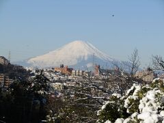 雪景色の中から見る富士山