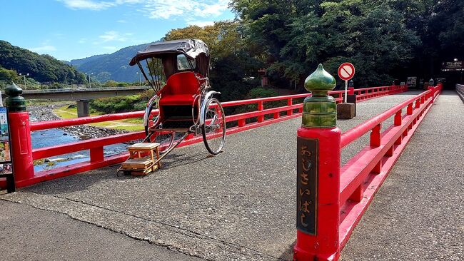 10/8、熱海をあとに電車で箱根湯本まで行き、そこからお楽しみの箱根登山電車に乗るぞ。<br />小田原から乗車、乗換え時間に箱根湯本駅近辺を散策。　↑早川に架かる赤い橋。人力車で回るのも風流だね～