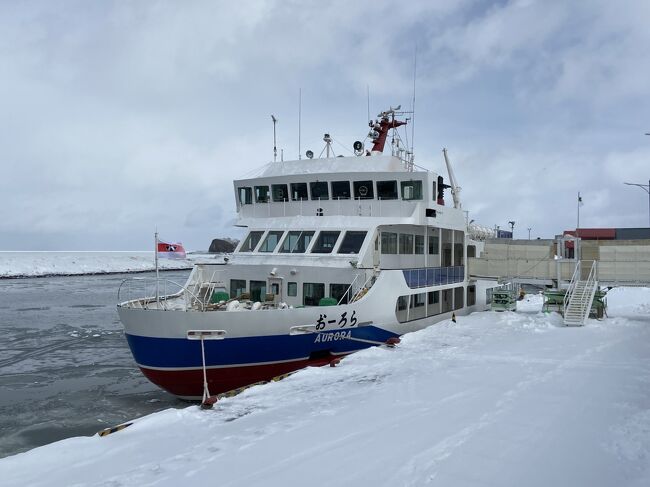 マイル消化のための旅第一弾<br />コロナの影響で海外旅行はまだ難しそうだし、期限の迫ってきたマイルを使って北海道に流氷を見に行くことにしました。記録的な大雪で飛行機が飛ぶのか、流氷観光船が出るのか心配事は多かったけれど、結果天候に恵まれいい旅になりました。<br /><br />1日目は網走。<br />羽田から女満別、レンタカーを借りて網走を目指して雪道を走ります、夫が・・<br />途中メルヘンの丘で写真だけ撮って道の駅「流氷街道網走」に向かいます。<br />道の駅でチケットを購入してオーロラ号で約1時間流氷の中を進みます。初めて見た流氷に感動してたくさんビデオを撮りました。<br />戻って【寿し安】でランチ。<br />次に目指したのが網走といえば網走番外地、網走刑務所。ここは移築復元された博物館になっていて、実は北海道を開拓したのは受刑者だったことを知りました。<br />次に能取岬。サロマ湖のホテルに向かう途中に立ち寄りました。流氷で埋め尽くされた海が広がります。<br />今夜のホテルは「サロマ湖鶴雅リゾート」温泉につかって疲れを癒しました。<br /><br />