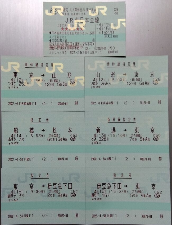 今年2度目の大人の休日倶楽部です。3月16日の地震で東北新幹線が脱線し運休となりました。お陰で1度取った指定券を取り直す事になり混乱しました。日程は変えられないので行き先を変更です。福島まで開通したので山形に決定です。直前に東北新幹線も開通したけれど。臨時ダイヤで盛岡まで1時間多くかかりそうなので今回は、新潟・長野・伊豆下田にしました。<br /><br />*1日目。東京8:56発つばさ255号 山形11:50着。山形11:59快速 山寺12:16着。山寺13:58発 山形14:17着。山形15:03つばさ266号 東京18:04着。1日目終了。<br /><br />*2日目。東京8:52とき309号 越後湯沢10:21着。越後湯沢10:41発 十日町11:12着。十日町12:59発 六日町13:14着。六日町13:29発 越後湯沢13:51着。越後湯沢14:00発とき321号 新潟14:47着。新潟15:10発とき328号 東京17:00着。2日目終了。<br /><br />*3日目。船橋6:53発あづさ3号 松本10:23着。松本11:06ワイドビューしなの5号 長野11:58着。長野14:25発はくたか564号 東京15:52着。3日目終了。<br /><br />*4日目。東京9:00発踊り子3号 伊豆急下田11:49着。伊豆急下田15:07発 東京17:48着。4日目終了。<br /><br />JR 15270円<br />乗車距離およそ2500km<br />ニューデイズの10%引き1248円<br />4日間の歩行数69786歩でした。