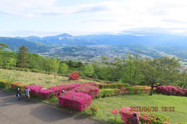 4月30日、午前11時に当方の娘家族4人と一緒に、全員6名で秩父地区へドライブしました。　川越付近の渋滞で1時間以上も遅れたために、最初の目的地は羊山公園のシバザクラでしたが、かなり到着が遅れることで、準備してきたおにぎり等の昼食を食べられる場所を考えたところ、芦ヶ久保で取ることにしました。　昼食は午後2時過ぎになりました。　昼食後は当方の経験でつつじと八重桜が見られる美の山公園に行くことに変更しました。　午後4時頃に美の山公園に到着しました結果、ツツジが見ごろでしたが、八重桜は終わりに近かったです。　天気が良かったので美の山公園から見られる周辺の風景は絶景でした。　美の山公園に変更してよかったです。<br /><br /><br />*写真は美の山公園から見られる武甲山の絶景