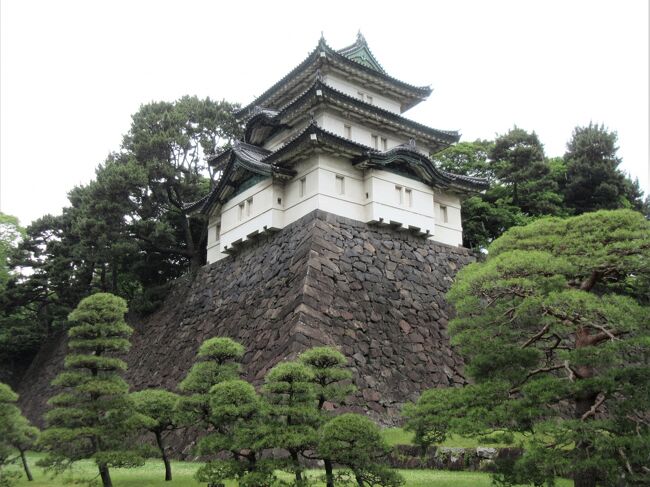 「皇居の一般参観」に今回やっと参加できました。<br />事前予約か当日に早く並ぶか、2つの方法があります。私は1ヵ月前にインターネットで事前予約をしました。無料です。<br />前日の6日に関東甲信越地方が梅雨入りしたので、しっとりとした空模様の中での参観になりました。<br />案内人の説明を聞きながら、富士見櫓、宮内庁庁舎、宮殿、二重橋、伏見櫓などを、集団でまとまって回りました。各自が自由に回ることは出来ません。<br />50人くらいの見学集団を、遠巻きに10人くらいの皇宮警察官、宮内庁職員らが囲んでいて、さらに目立たないように黒塗り覆面パトカーがついていました。<br /><br />なお、この日の前後は別冊『八重洲地下街・平和の鐘・皇居外苑をぶらり』でまとめました。⇒ https://4travel.jp/travelogue/11759887<br /><br />また、3ヵ月前に、江戸城天守台と本丸跡がある「皇居東御苑」を参観しました。予約の必要がなく、当日行って持ち物チェックなどを受ければ入れました。大手門から入って、天守台、本丸跡、北桔梗門、平川門、二の丸庭園などを、案内人なしで各自で自由に回れました。<br /> ⇒ https://4travel.jp/travelogue/11743302<br /><br />【参考】Google画像検索、Wikipedia