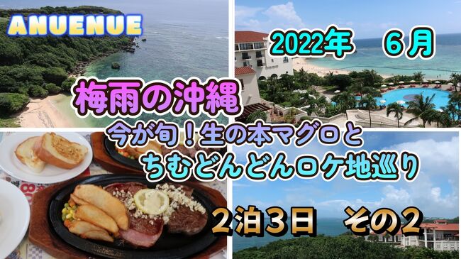 2022年　６月<br />梅雨の沖縄に行ってまいりました　<br />今回の旅の目的は今が旬!!!!!<br />沖縄県産の本まぐろ♪　今の時期しか食べられない無冷凍の生です！<br />とてつもなく安価で食べられるとの情報を得たので　早速食べに行ってきました♪<br />まぐろをより新鮮で安く食べられる場所も公開←（本当は秘密にしたかったｗｗ）<br />肝心の味は？　旅行記を見てのお楽しみ～♪<br />本まぐろ　滞在中に２回も食べてしまいましたよ！<br />そして　今放映中のドラマ　「ちむどんどん」のロケ地も回ってきました<br />滞在中ほとんど雨でしたが　スティッチ流の沖縄の楽しい方をご覧ください<br /><br /><br />行動自粛も解除され旅行者も増えつつある沖縄<br />沖縄の今の状況や梅雨の様子など　<br />これから夏に向け旅行を計画されている方も多いと思います<br />そんな方に少しでも参考になればうれしく思います