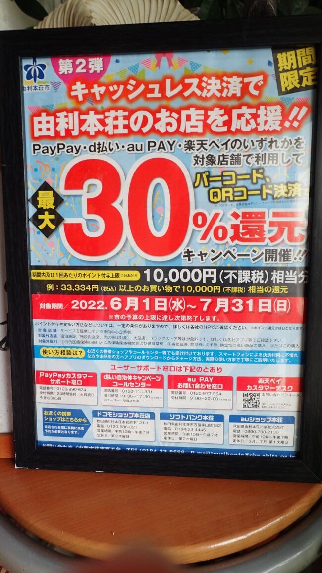 秋田県に行ったのは、数年前青森を旅行中十和田湖に向かい秋田県と隣接していると少し秋田県に入っただけで、本格的に秋田県へ行った事はございません。<br />今回、全く地名も知らなかった由利本荘市でキャッシュレス決済で30%還元がされると知り、この都市へ行ってみる事にしました。<br />全く観光空白地帯の様で、ガイドブックにもほとんど掲載されてませんでしたが、海あり山あり温泉もあり、さらにお土産になる名品も多くあり結構観光資源はあるのではないかと思いました。幸いにも梅雨時期でもありましたが、晴天に恵まれました。