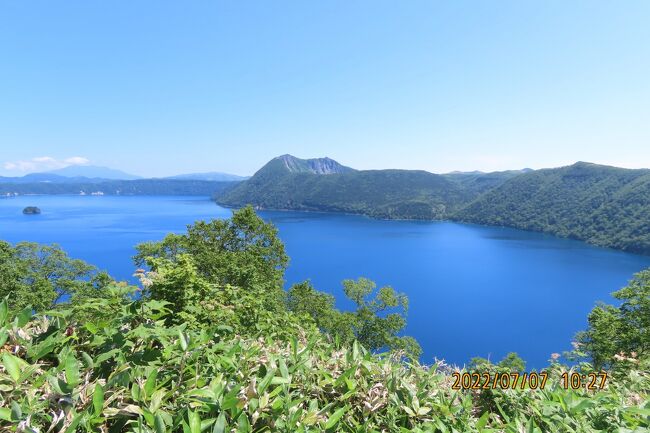 阪急交通社の7月6日～7月9日で7つの絶景をめぐる夏の北海道への旅に参加しました。　7月6日の羽田空港第一ターミナルでの集合時間が8時10分であったために空港近くのホテルに前泊しました。　当方の参加目的は今迄十分に行けなかったベストシーズンを迎える美瑛、富良野に行きたかったことと再び、美しい摩周湖及び知床連山の風景を見たかったことと層雲峡温泉に宿泊したかったことなどであります。　今回の旅は4回目でしたが、ベストシーズンに初めて行ったことでいろいろと収穫がありました。<br />旅の日程は次の通りです。<br />7月5日　前泊　　羽田空港に近いホテルに前泊<br />7月6日　羽田空港より新千歳空港、新千歳空港よりツアーバスで阿寒湖迄　阿寒湖温泉泊<br />7月7日　阿寒湖より湖巡り、阿寒湖、摩周湖，屈斜路湖、天都山展望台　層雲峡温泉泊<br />7月8日　層雲峡～美瑛、富良野　　　札幌泊<br />7月9日　札幌より新千歳空港、羽田空港へ<br /><br />7月7日、午前10時15分に摩周湖第一展望台に到着しました。<br /><br />*写真は神秘的で美しい摩周ブルーの摩周湖<br /><br />〇摩周ブルーについて<br />摩周ブルーは摩周湖の中の植物プランクトンの生育密度が小さいこと等により透明度が20メートル前後で維持されており、この高い透明度が生み出す摩周湖の独特な色は「摩周ブルー」と呼ばれています。