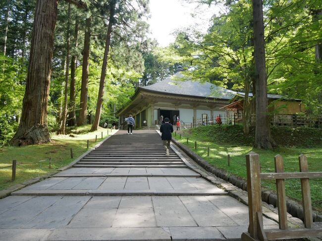 平泉観光前半の毛越寺の見学を終えて午後は大本命の中尊寺へ。<br />学生時代に中尊寺は行ったことがあるのでなんとなくは覚えている。<br />確かあの時は雨の中の中尊寺だったけど今回はいいお天気。<br />厳美渓も諦めたので残す観光は中尊寺のみなので時間はたっぷりある。<br />平日とはいえGWの狭間の日なので観光客も多かったけど時間を気にせず見学できてよかった。<br />ホテルは従業員の宿直部屋！？と思うような部屋だったけど寝るだけだし、食事は美味しかったし良しとする。<br />詳細は旅行記をどうぞ。