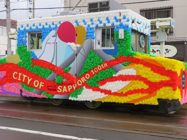 札幌市は8月1日に市制100周年を迎えます。<br />記念事業の一環として、「花電車」が制作され、運行します。<br />なんと1998年（サッカーのコンサドーレ札幌がＪ１に昇格した）以来、24年ぶりです。<br />7月23日から8月21日の土曜・日曜・祝日に運行、計11回。<br />10：00から15：00まで。<br />「花電車」は除雪車である「ささら電車」雪20形21号を使用しています。<br />デザインのコンセプトは「100周年のさっぽろ」。<br />赤や黄色などの造花で華やかに装飾し、大通公園の花壇や大倉山ジャンプ競技場など札幌を象徴する場所をイメージして飾られています。<br />装飾は、札幌市立大学２年、多田遥（ただ・はるか）さんのデザインです。