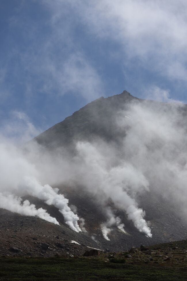 表紙の写真・霧が流れて姿を現す旭岳山頂と、活火山である事を象徴する噴気孔。圧巻な景色でした。。晴れて良かったです。<br /><br />大雪山は北海道のほぼ中央に位置し、2291ｍの旭岳を最高峰に50Kｍに渡って連なる2000m級の山々の総称です。<br />総面積は23万ヘクタールあり、これだけの広がりを持った山地は日本に例がありません（頂いたパンフレットより）<br /><br />「旭岳」アイヌの人々の崇高と畏敬の対象の山。<br />「ヌタpuカムイシリ」「ヌタpuカウshiぺ」広い湿地の上に着くもの、と呼んでいた大雪山。神秘的な山容や高山植物の大群落は「カムイミンタラ」と言われていた。標高2291Mを誇る・旭岳の温泉街では、毎年「ヌプリコpuカムイノミ」と呼ばれるアイヌの祭事を通して、登山者・観光客の安全を祈願して下さっているそうです。（大雪山麓上川アイヌ遺産推進協議会サイトより）(ローマ字部分は小文字です。文字呆けするので苦肉の策）<br /><br />前日の富良野散策後に「旭岳」に来る予定でしたが、山は午後は曇るからと、前日は美瑛などの観光に終始して、7日の朝早くに散策をしました。<br /><br />素人のハイカーですので「旭平周辺散策路」という案内図を参考に、約2時間の滞在時間でした。<br /><br />「姿見駅」～「鏡池」～「噴気孔」～「姿見の池」「旭岳石室」～「姿見駅」の順路です。<br />満開を過ぎている感じでしたが、それなりに高山植物も見れましたし、ガスっていた「旭岳山頂」も拝めましたので、大満足の行程でした。<br /><br />やっぱり山は天候に左右されますので、旅行者は計画に苦労しますね。